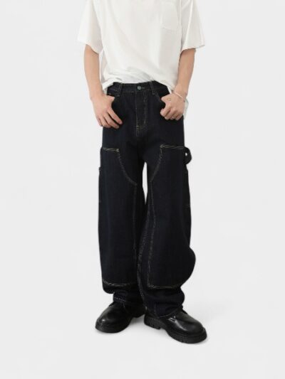 Nirben Cowboy | American Retro Deconstructed Patchwork Loose Silhouette Denim Original Work Pants Lumberjack Pants for Men